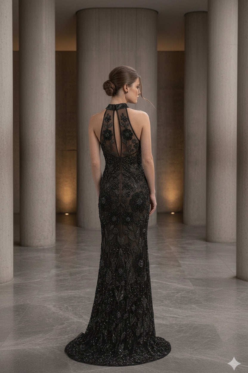 Hand Embellished Black Halter